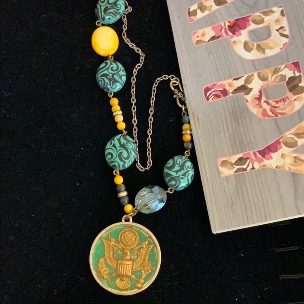 🌟Adorned Crown Artisan Assemblage USA seal insignia resin bezel necklace